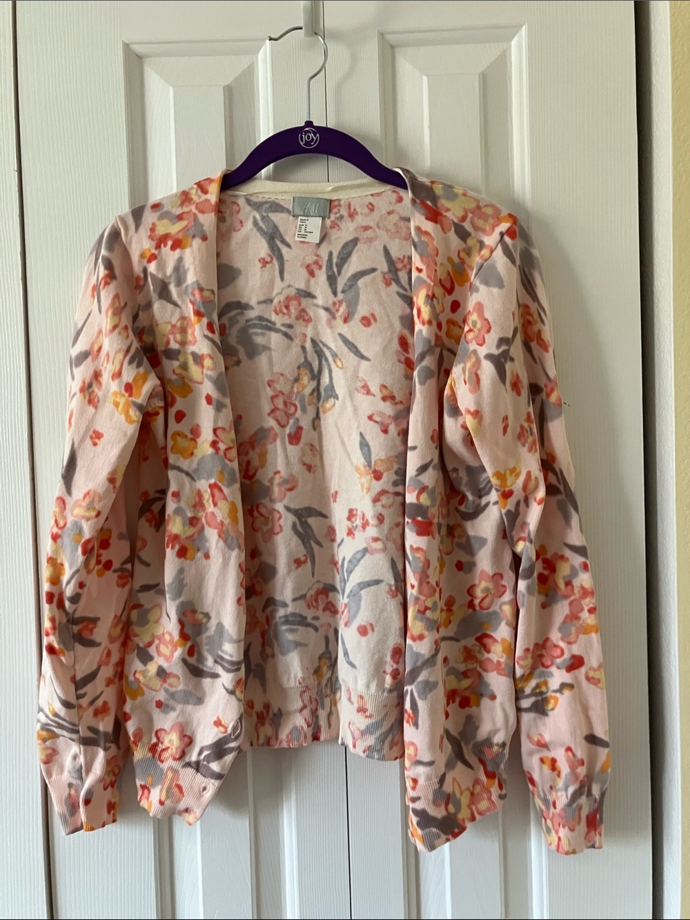 H&M Pale Pink Floral Open Cardigan with Yellow & Gray Accents